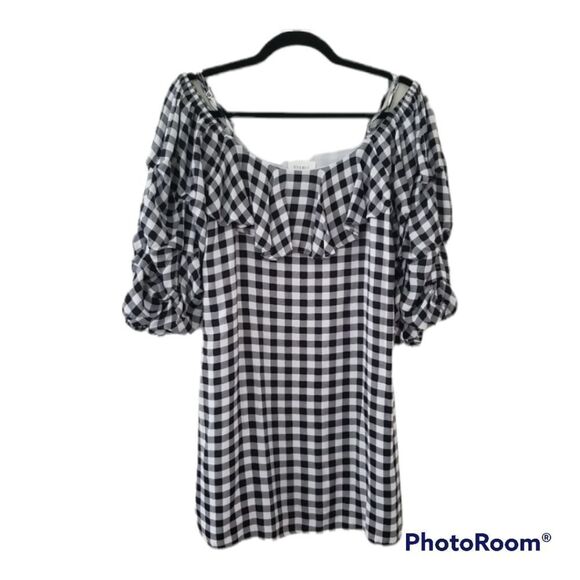 *Everly Black/White Check off Shoulder Top Sz.S - Picture 1 of 9